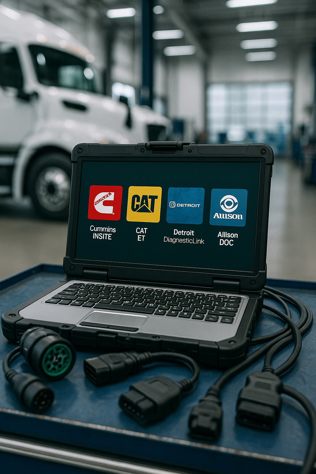 Rugged diagnostic laptop with Cummins INSITE, CAT ET, Detroit DiagnosticLink and Allison DOC